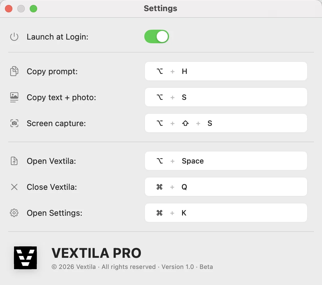 Vextila Pro settings - remap global keyboard shortcuts to any key combination on macOS